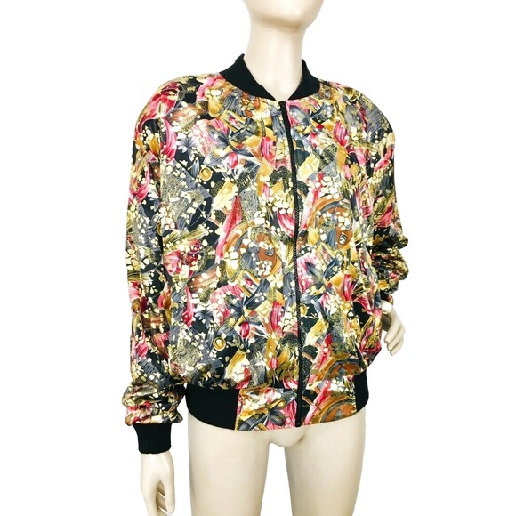 Vintage 80s Metallic Gold Pink/Black Abstract Bomber Jacket OSFM New - Picture 3 of 9